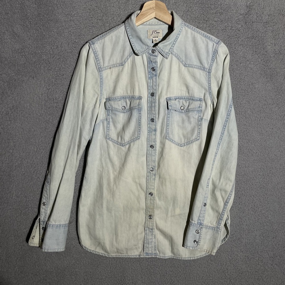 J Crew Denim wash fade Western Pearl Snap Shirt Woman's size 6 Long Sleeve